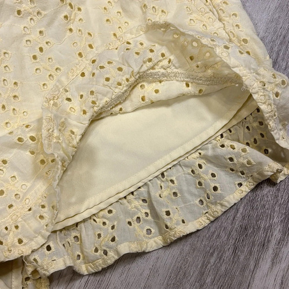 Cottagecore Buttery Yellow Cotton Eyelet Ruffled Pocketed Ultra High-Rise Shorts - Picture 4 of 6